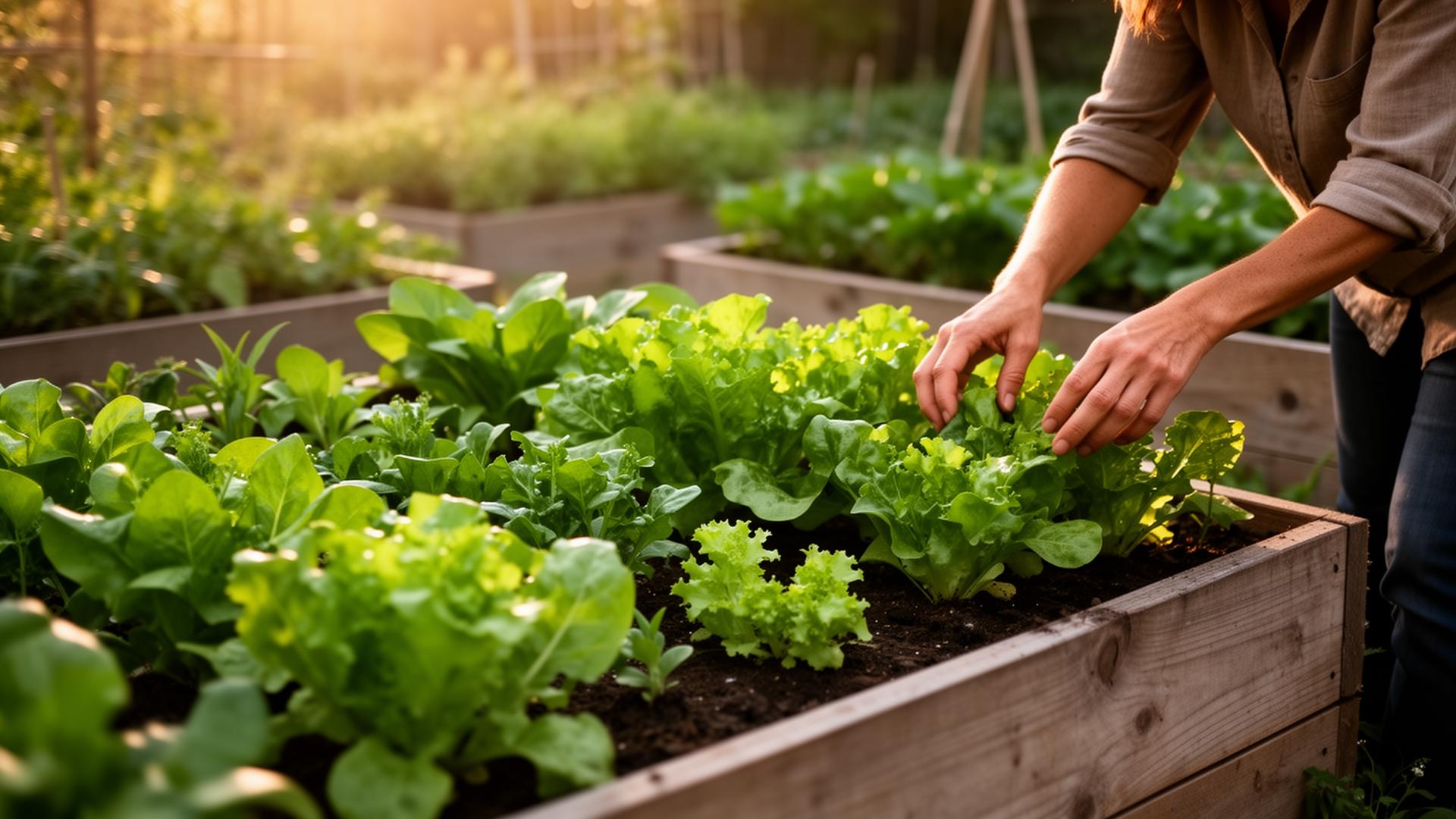 A grower tending raised beds of leafy greens at golden hour