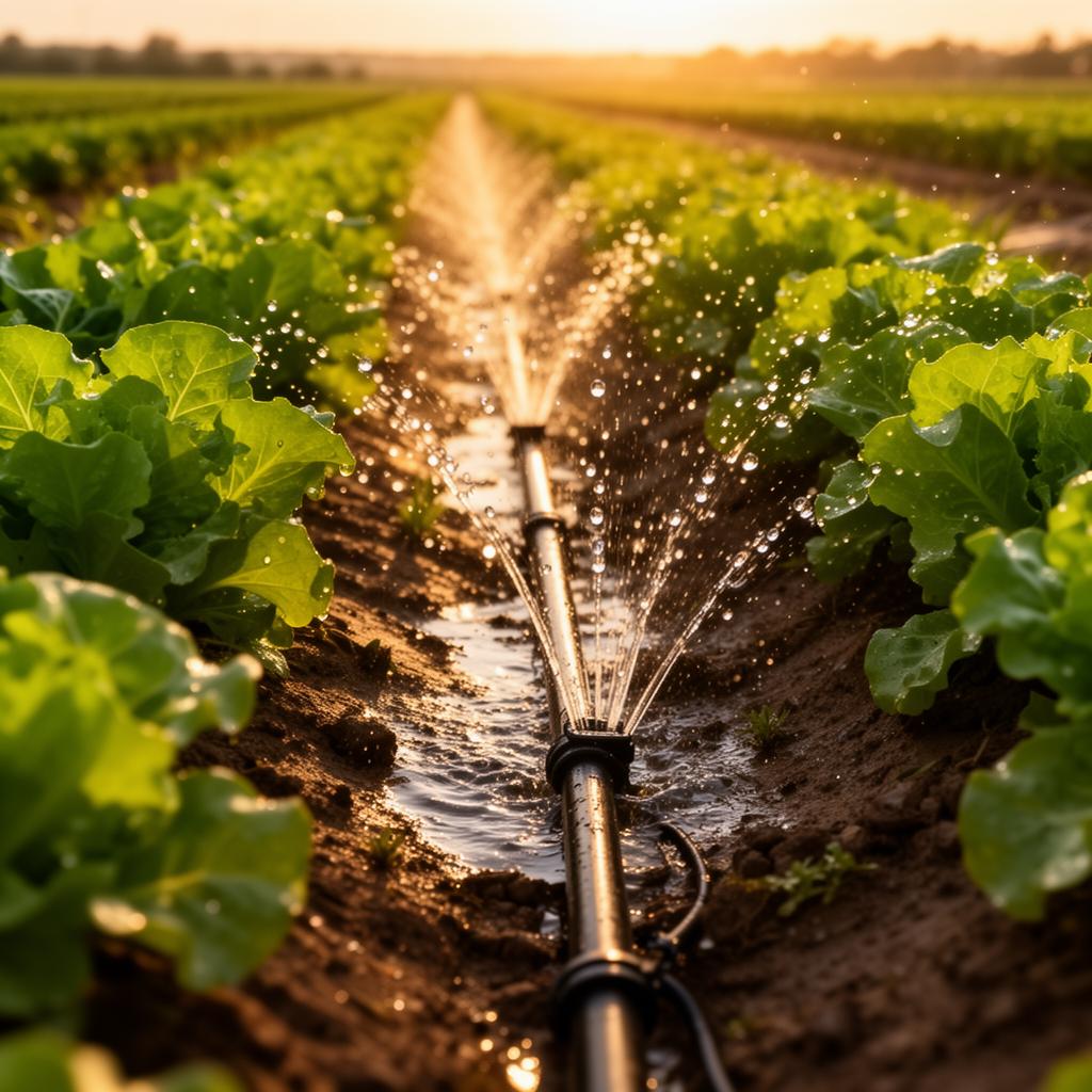 Drip irrigation on rows of lettuce