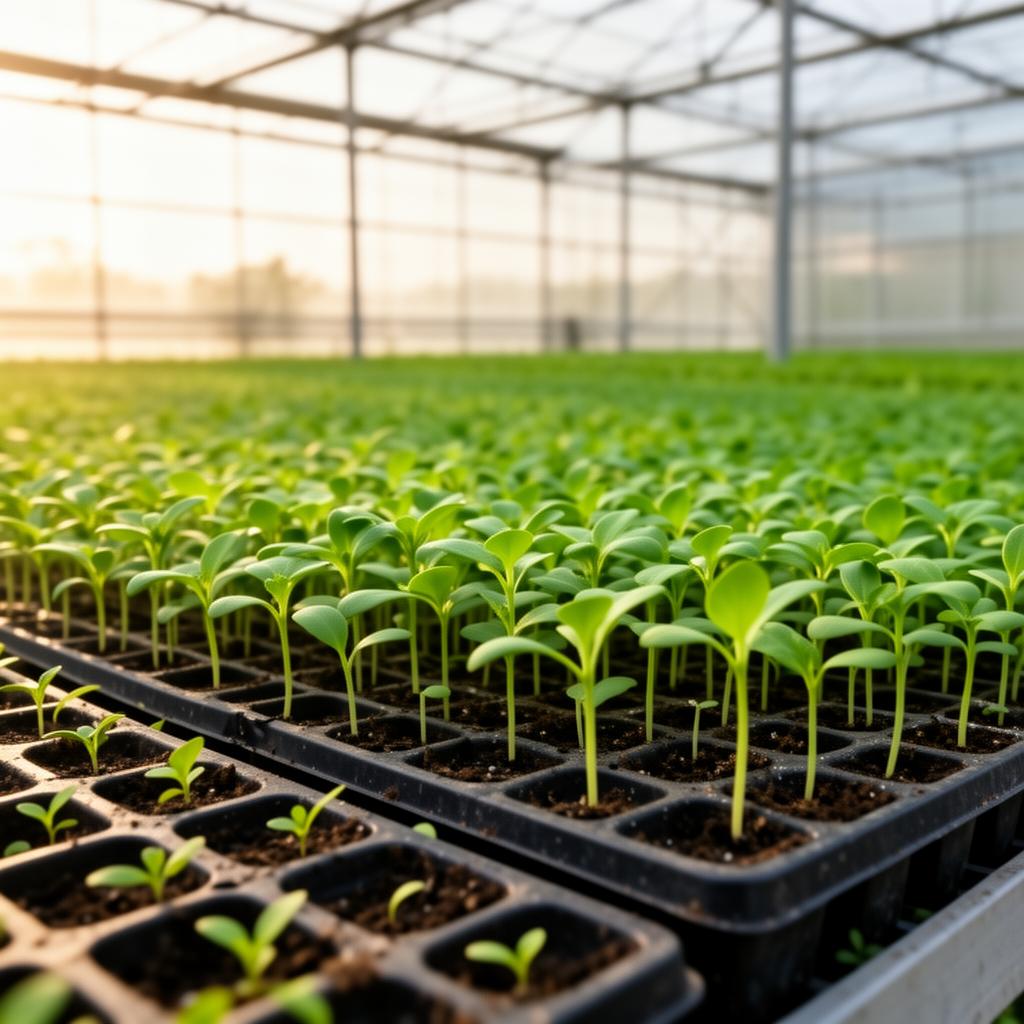 Seedling trays in a greenhouse