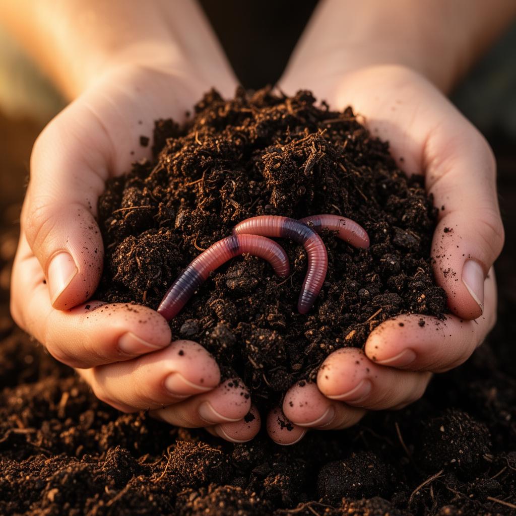 Hands holding rich compost with earthworms